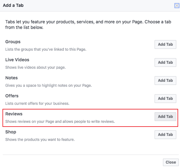 Facebook review tabs
