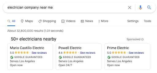 Google search for electrician company near me. 