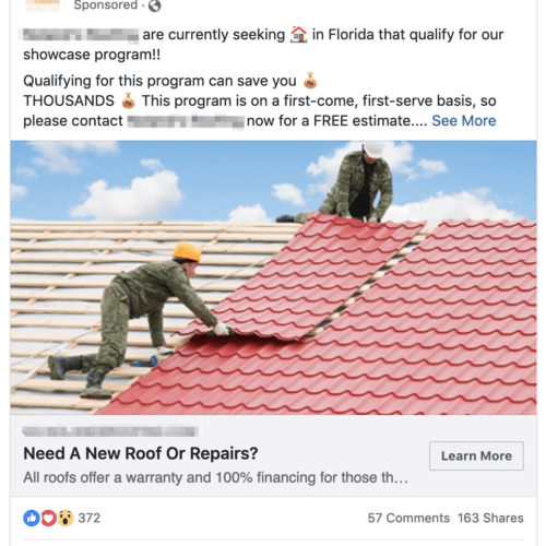 A roofing company Facebook ad.