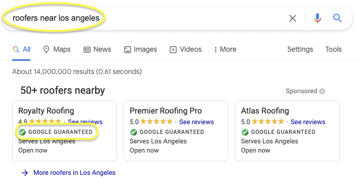 A local roofers ad on Google