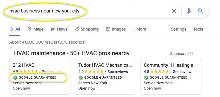 HVAC business advertisement on Google.