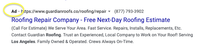 A Roofing Repair company ad on Google.
