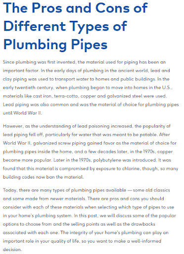 Pros and cons of different types of plumbing pipes.