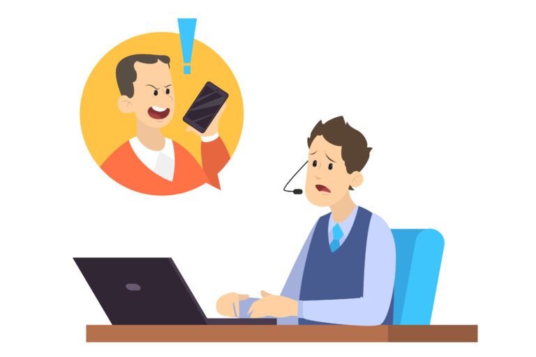 A cartoon image of a man on the phone talking to an angry customer.
